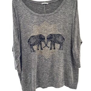 Charlotte Russe Elephant Graphic Top Women 2X Grey Boho Scoop Neck 3/4 Sleeve‎